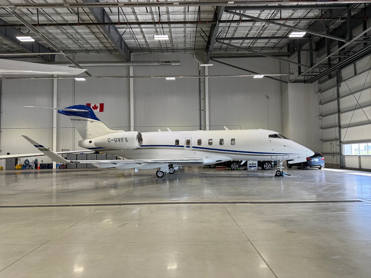 Challenger 350 Inside Sunwest Aviation Hangar in Calgary, Alberta.