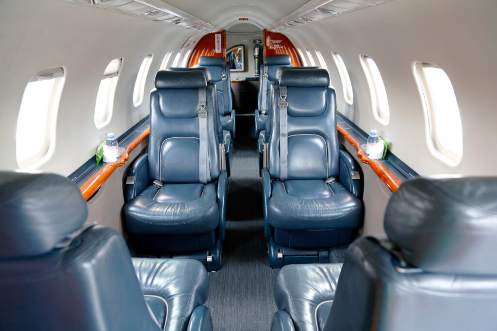 Sunwest Aviation, Learjet 45 interior. Aircraft charter up to eight passengers.