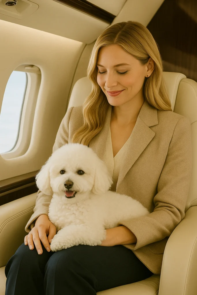 Woman with dog on lap sitting in a private jet.
