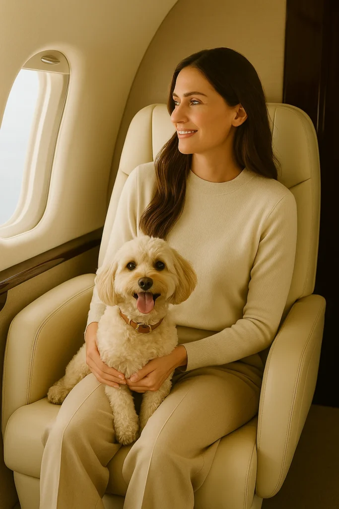 Woman travelling on private jet with a dog on her lap.