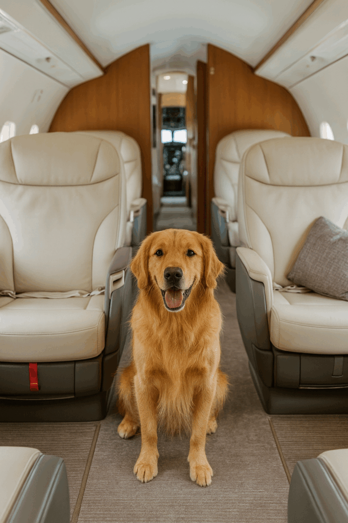 Golden Retriever sitting in the aisle of a Private Jet.