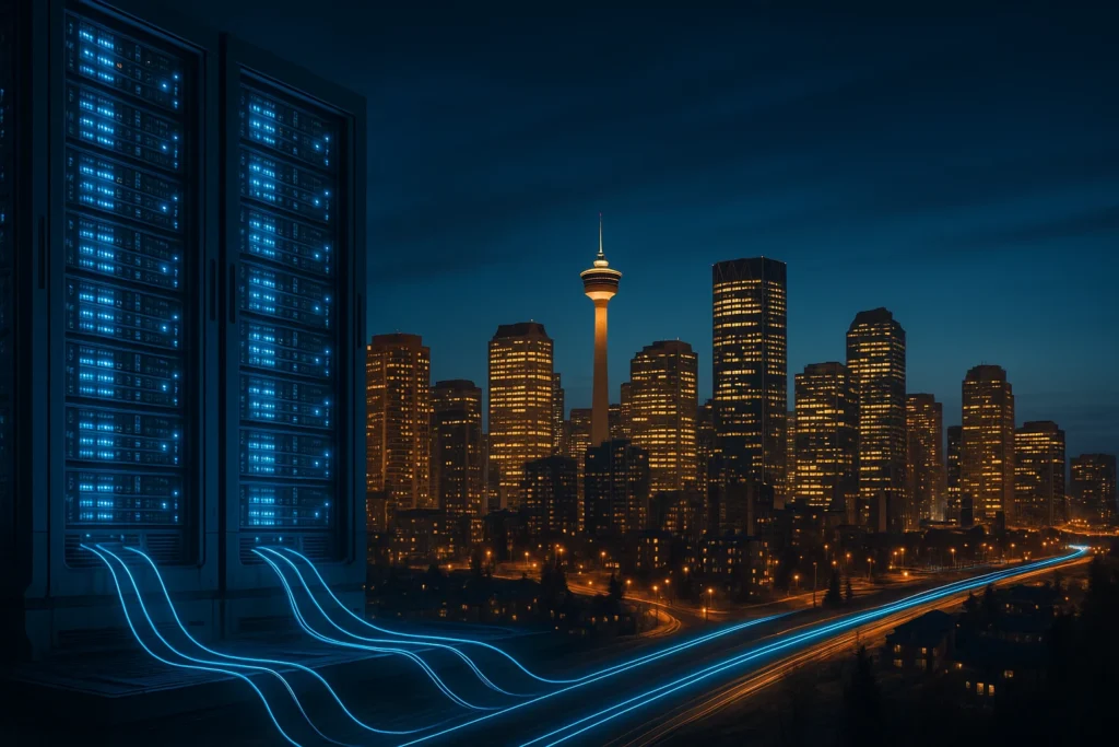 A futuristic night view of Calgary’s skyline with the Calgary Tower and high-rise buildings lit in warm tones. On the left, two tall glowing data towers emit blue neon cables that flow into the city streets, blending digital technology with the urban landscape.