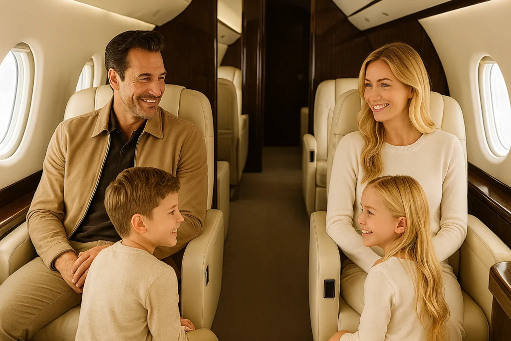 Family sitting inside a private jet. Husband, wife, daughter, and son.