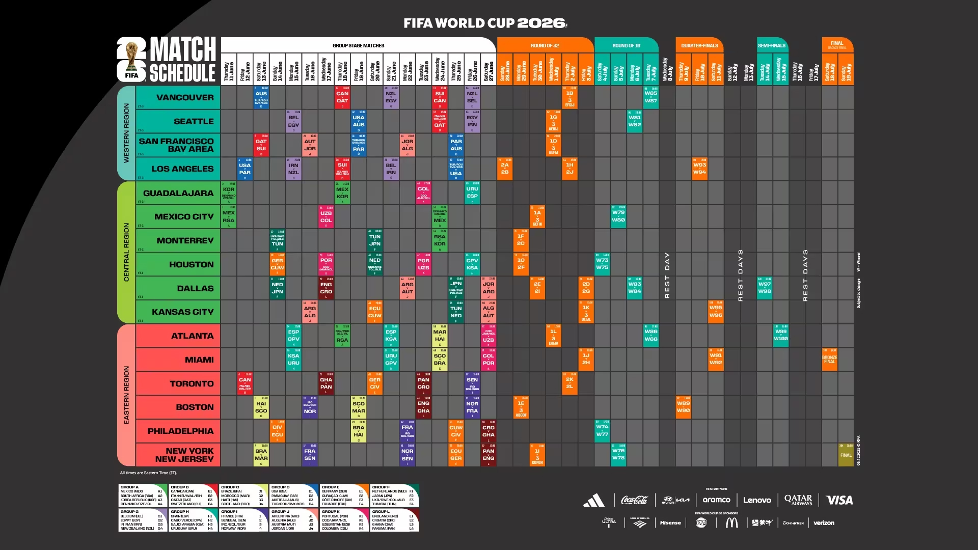 FIFA World Cup 2026 Match Table, from FIFA Official Website. For text version of the schedule, visit FIFA Matches and Fixtures.